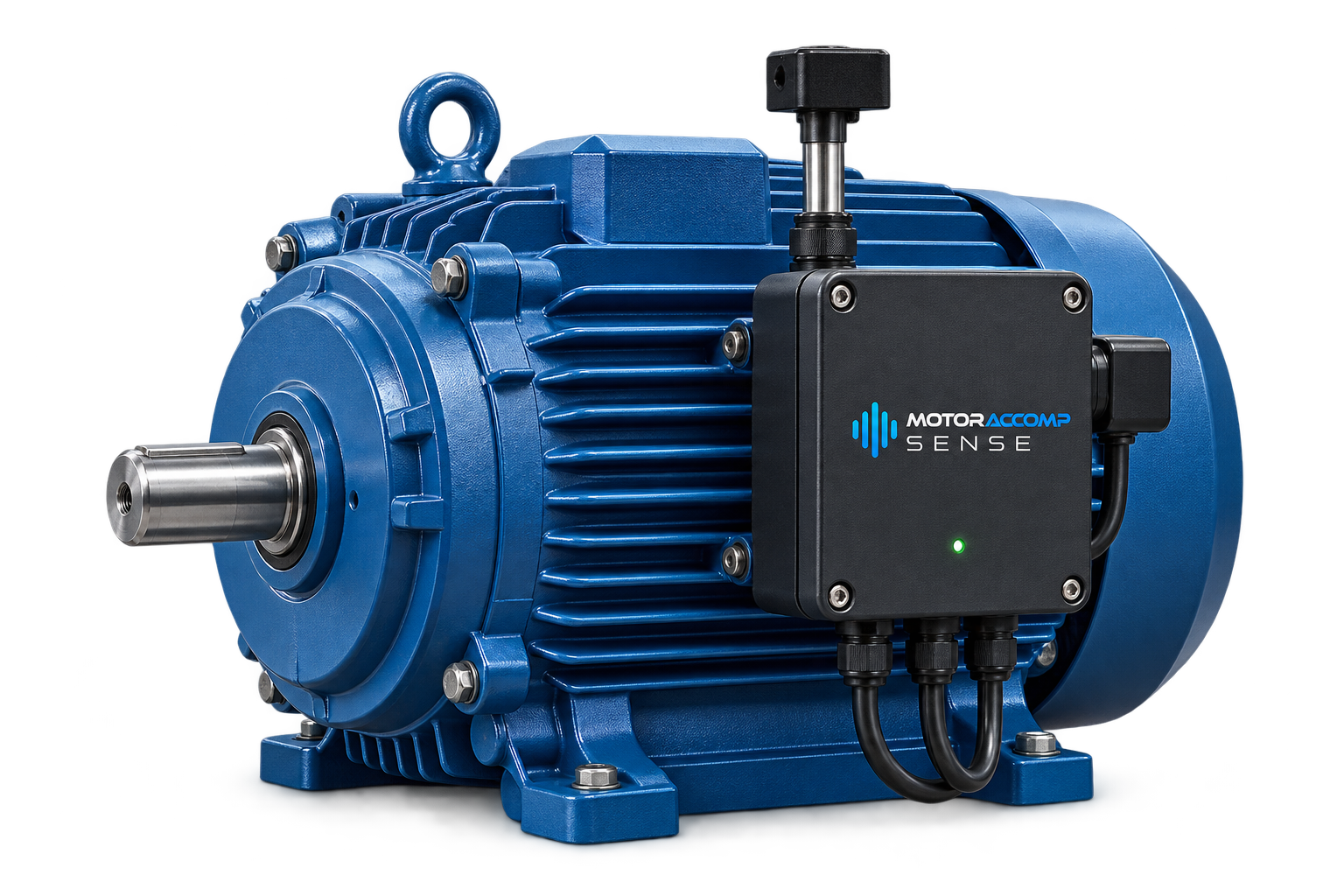 Conceito de motor elétrico azul com o módulo MotorAccomp Sense e sensor instalados