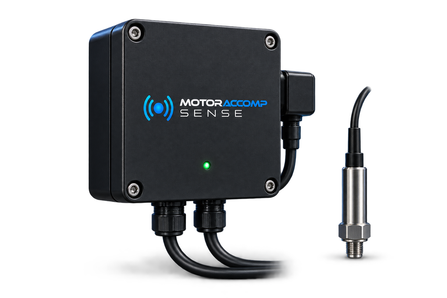 Conceito do módulo MotorAccomp Sense isolado, com conexões e sensor industrial
